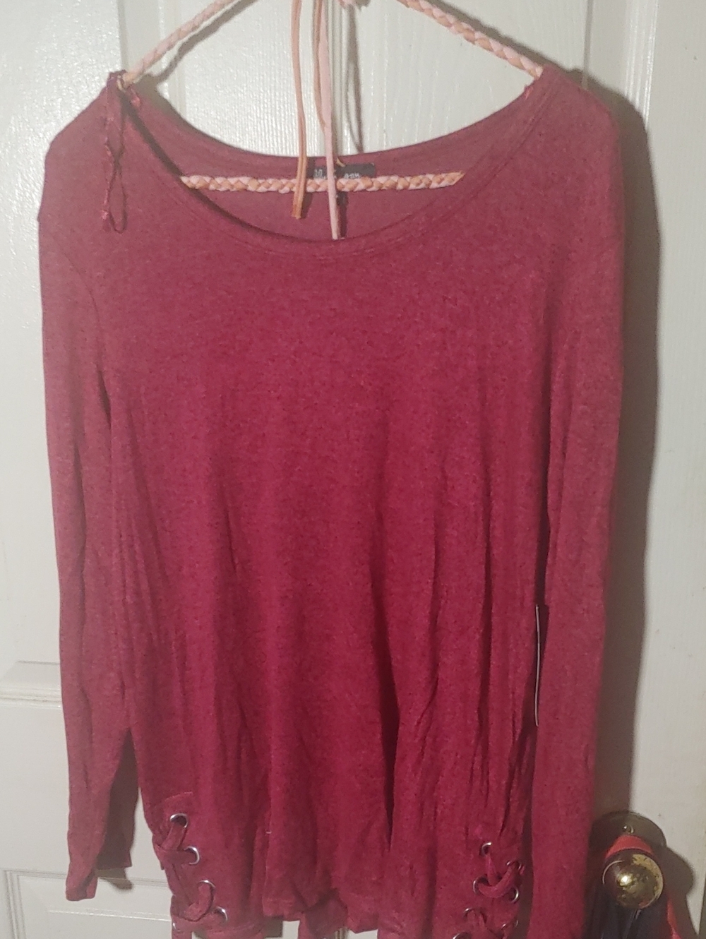 Long-Sleeve Lace-Up Hem Tee — Berry Red